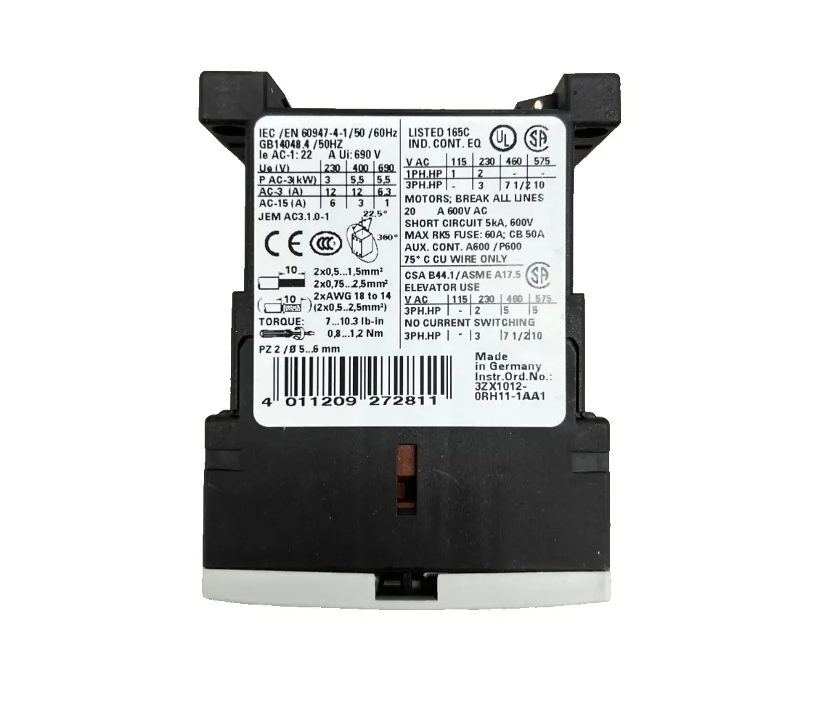 Siemens Leistungsschütz 5,5kW 24VAC 50/60HZ 3RT1017-1AB02 (40004399) Bild 4